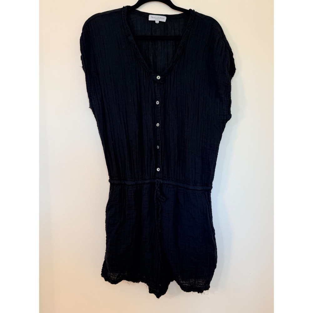Michael Stars Womens Black Cotton Gauze Button Front Drawstring Romper Size M